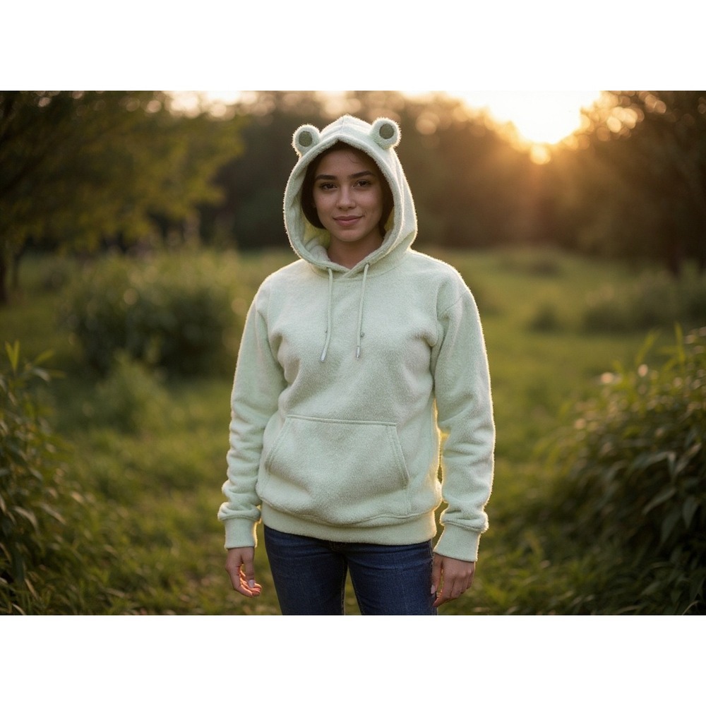 Women Frog Hooded‎ Sweatshirt Cute Kawaii Plush Pullover whimsical Sz Xl cozy